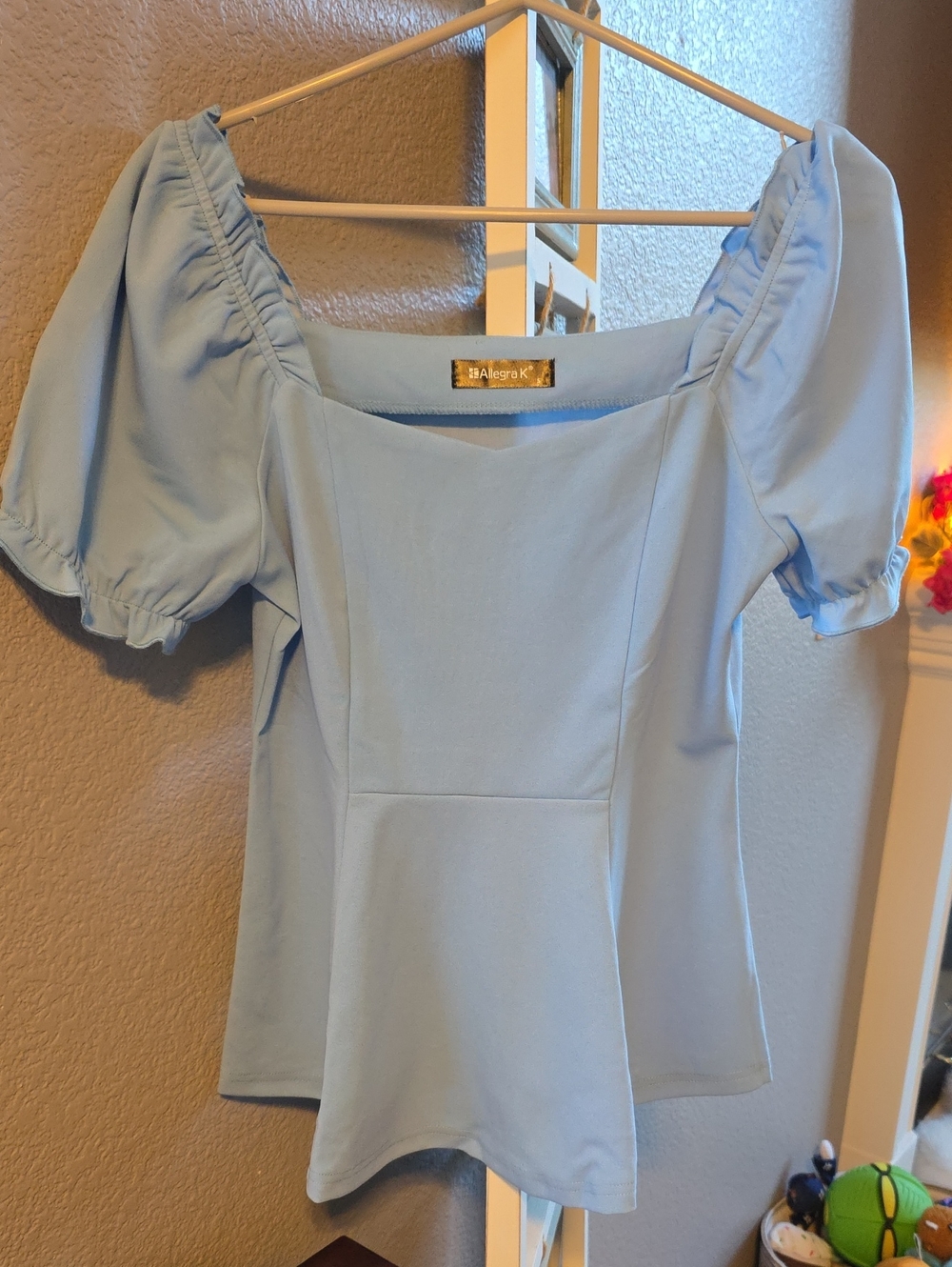 Allegra K Powder Blue Square Neck Puff Sleeve Top